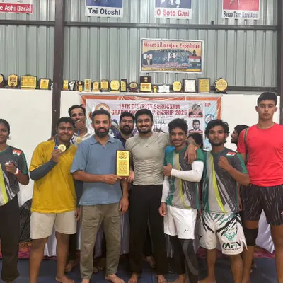 Our grappling team celebrating a 100% gold medal success rate at the 18th District Gurugram Grappling Championship. This result is a direct reflection of their dedication and the high standard of our training.