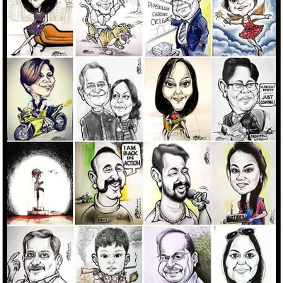A collage showcasing some of the caricatures I created in 2019. This collection includes personalized gifts, corporate commissions, and tributes.