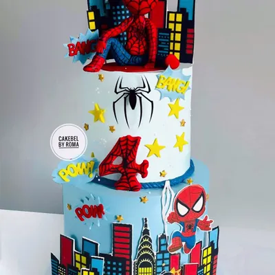 A dynamic two-tier Spider-Man cake for Maruti's 4th birthday. I combined a hand-sculpted fondant Spidey on top with a 2D version swinging over the city below, complete with "POW!" and "BANG!" action bubbles.