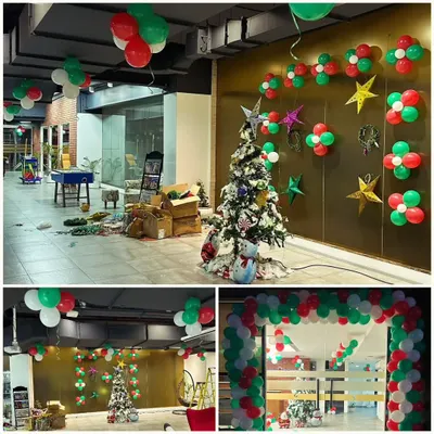 I can bring the festive spirit right into your office. This collage shows a Christmas decoration project where I used classic red, green, and white balloon arrangements, wall decor, and a fully decorated Christmas tree to create a cheerful holiday environment for the employees.