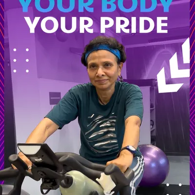 Your Body, Your Pride. A powerful reminder featuring one of our dedicated members on a spin bike.