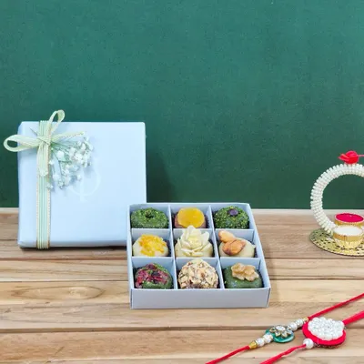 A perfect Rakhi gift, this box contains my signature nine-piece assortment of exotic dry fruit mithai. Paired with a beautiful rakhi and traditional elements, it’s a complete, heartfelt gesture.
