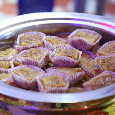 A close-up of our delicious Bread Halwa, a sweet and rich dessert that is a perfect end to a grand meal.