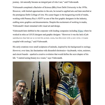 An article from the Indian Express "Unsung Heroes" series, detailing how I turn e-waste into vibrant murals and sculptures.