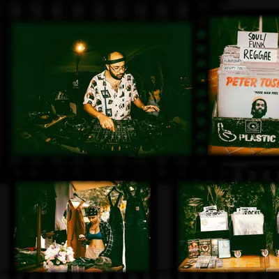 A collage from a 'City Goes Wax' session. This shows the different elements of our DIY pop-ups: me on the decks, crates of vinyl records, and vintage clothing stalls. It's a full cultural affair.