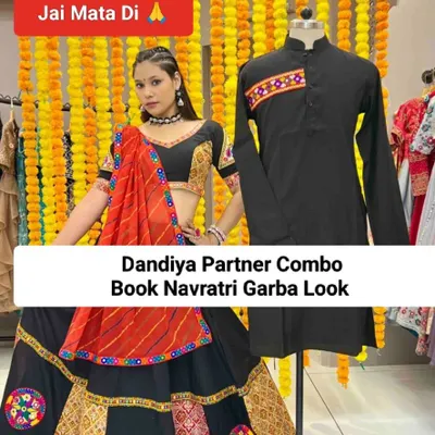 This image highlights my Dandiya Partner Combo, a unique offering for couples. The woman wears a striking oxidized choker and earrings that stand out against her black and red Chaniya Choli, creating a perfectly coordinated festive look.