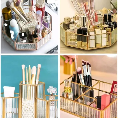 This collage shows the variety of my luxurious glass and metal makeup organizers. These are perfect for displaying your favorite perfumes and skincare on your dresser, with different compartments for brushes and lipsticks.