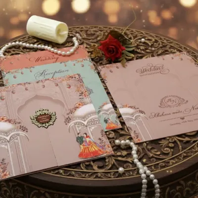 This invitation combines soft romance with a playful touch. The design features a pastel pink gatefold card with floral accents and a charming 3D illustration of the couple, creating a delightful and personal keepsake for guests.