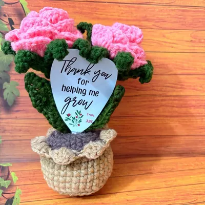 This sweet little flower pot features two pink crochet roses and a personalized heart-shaped card that says, "Thank you for helping me grow." It’s a heartfelt gift for teachers, mentors, or parents.