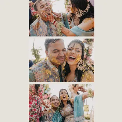 The pure, unadulterated fun of a Haldi ceremony. This collage captures Aabhaas and Radhika being playfully covered in turmeric by their loved ones, showcasing the laughter and joy that defines this ritual.