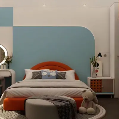 This room uses bold color blocking and curved lines to create a playful yet modern aesthetic. The combination of orange, blue, and white, along with a circular vanity mirror, gives the space a fresh and contemporary feel.