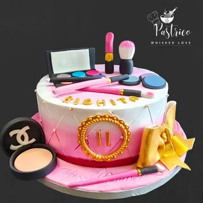 A fun makeup-themed cake for an 11th birthday, complete with edible lipstick, brushes, and eyeshadow palettes.