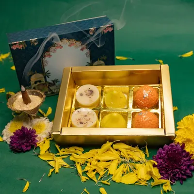 Our best-selling Mithai Soaps box, featuring goat milk soaps shaped like Ladoo, Kesar Modak, and Almond Peda. These are perfect for travel-sized hand and face washes and make for a truly unique Diwali gift.