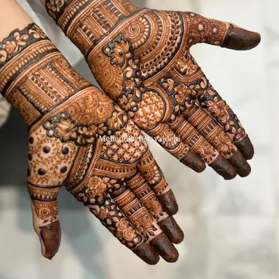 A classic full-hand bridal design with a rich, dark paste application. Notice the detailed check patterns (jaali), floral bands, and solid fingertips that create a traditional and dense look.
