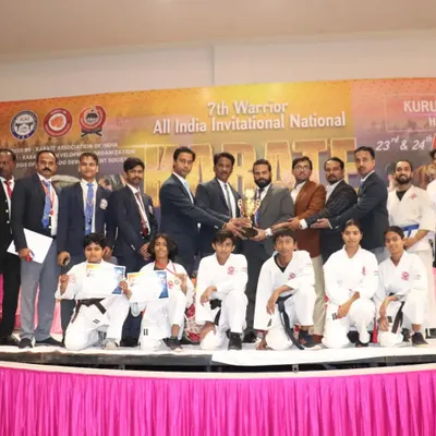 Our team celebrating a major victory at the All India Invitational National in Kurukshetra. We secured the 2nd Runner-Up trophy with multiple gold, silver, and bronze medals across different age and weight categories.