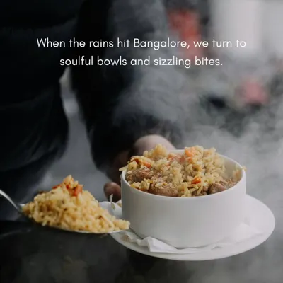When the rains hit Bangalore, we turn to soulful bowls. This steaming bowl of biryani is part of our curated monsoon menu, designed to bring warmth and comfort to any elegant event or intimate gathering.