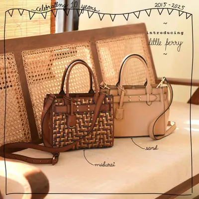 Introducing the Little Perry, a compact version of our classic belted satchel. It's shown here in two beautiful versions: the tri-color woven Madurai and a classic, versatile solid Sand leather.