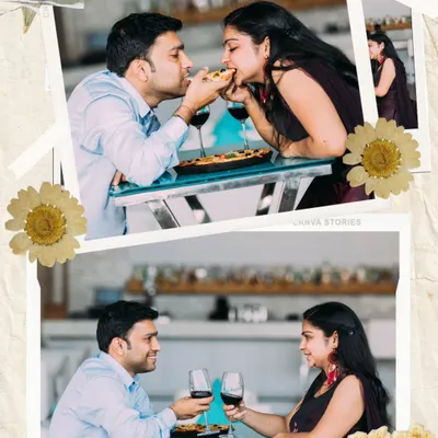 A fun and unique pre-wedding shoot concept where the couple shares a slice of pizza and a glass of wine, showcasing their playful side.
