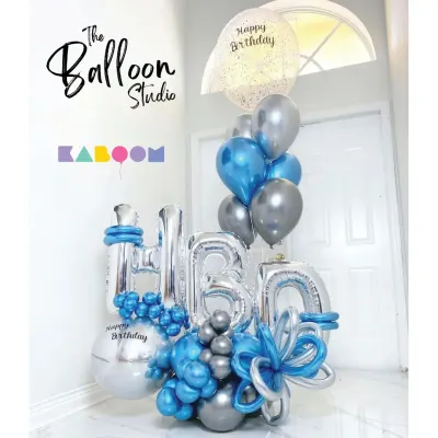 Add a touch of magic with our custom balloon bouquets. This stunning blue and silver creation is perfect for making any birthday feel extra special.