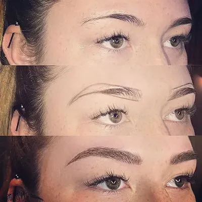 This three-step image shows the complete eyebrow microblading transformation. You'll learn to map the perfect shape, create the initial outline, and fill it in for a flawless, natural-looking brow.