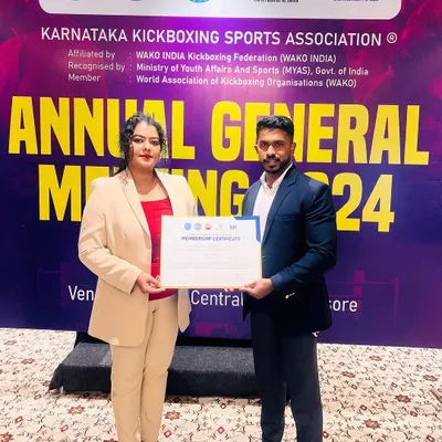 A proud moment for our club. Our head coach receives the official membership certificate from the WAKO Kickboxing Association of Karnataka, solidifying our status as an affiliated training center.