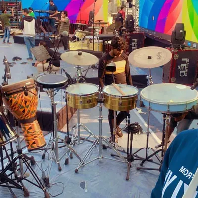 A selfie with my extensive percussion setup before a show in Ahmedabad. You can see my congas, djembe, timbales, and cymbals all ready to go.