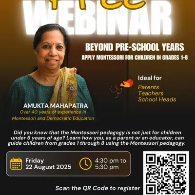 A poster for our free webinar on applying Montessori principles for children in grades 1-8, perfect for parents, teachers, and school heads looking to extend their understanding beyond the preschool years.