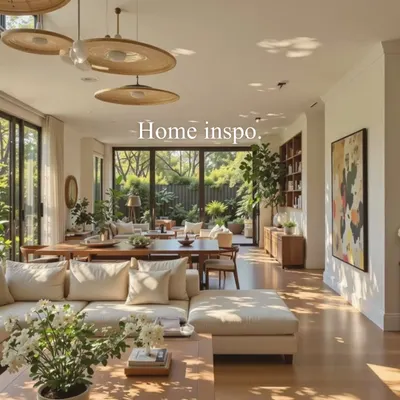 Home inspiration featuring a bright, open-plan living and dining area with large windows that connect the indoor space to the lush greenery outside. The natural light and earthy tones create a warm and inviting atmosphere.