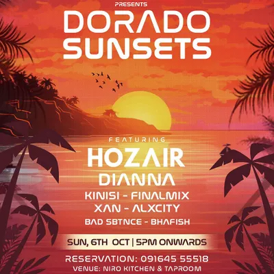 The flyer for "Dorado Sunsets," a house session at Niro Kitchen. This event was all about capturing that perfect sunset vibe with smooth, melodic house music.