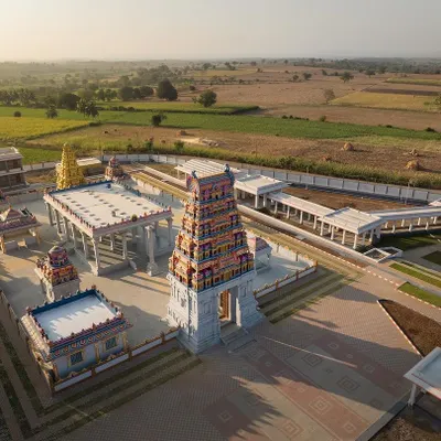 An aerial perspective of the Shiva Shakti Dham in Hubli. The master plan carefully positions the main temple, smaller shrines, guest houses, and dining facilities to create a cohesive and spiritual environment on the 6.5-acre site.