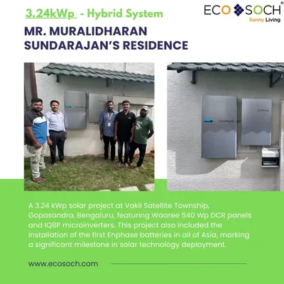 We are proud to be at the forefront of solar technology. This project at a residence in Vakil Satellite Township was a milestone, featuring the first installation of Enphase batteries in all of Asia, providing our client with advanced energy storage and independence.
