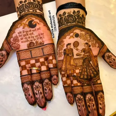 Our Karva Chauth special design, featuring a portrait of a couple celebrating the ritual. We can also include names, dates, or special verses to make it unique.