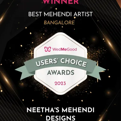 I am deeply grateful to be recognized with the WedMeGood Users' Choice Award for Best Mehendi Artist in Bangalore. This is a testament to the love and trust my wonderful clients place in my art.