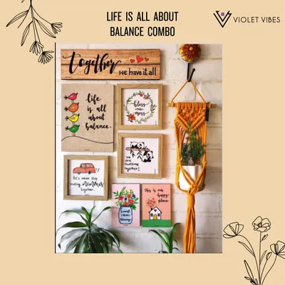 Our 'Life is All About Balance' combo is a perfect mix of our handmade decor. It features a macrame plant hanger, hand-doodled frames, a wooden sign, and a ceramic hook, all curated to create a beautiful and balanced wall display.
