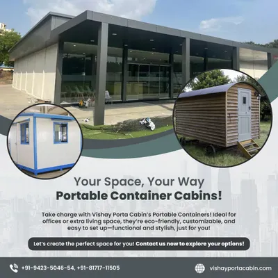 Your space, your way. This graphic shows the variety we offer, from a large commercial building to a standard office container and a rustic wheeled cabin. We create functional and stylish spaces just for you.