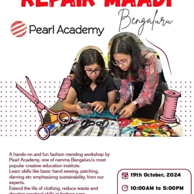 A poster for our "Repair Maadi Bengaluru" fashion mending workshop. These events are a fun, hands on way to learn practical skills like hand sewing and patching while emphasizing sustainability.