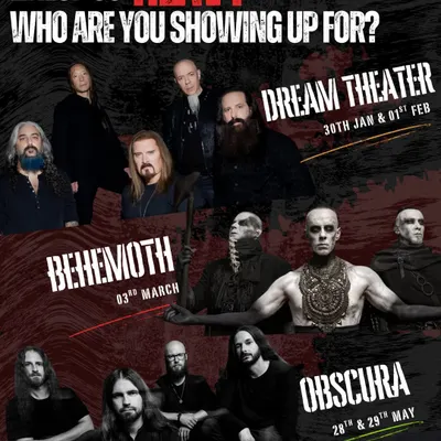A lineup graphic showcasing the heavy hitters we're bringing to India: Dream Theater, Behemoth, and Obscura. We are the top choice for fans of heavy music, consistently delivering the most sought-after international metal acts.
