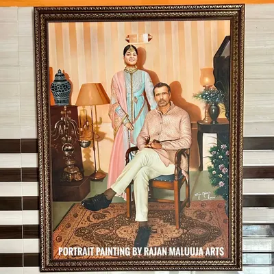 A grand 4 by 3 feet Royal Portrait Painting, created with acrylic on canvas. This piece was designed to capture the elegance and grace of the couple in a classic, regal setting.