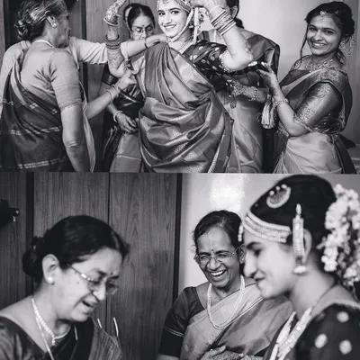 A touching black and white collage showing a bride celebrating with her family and a grandfather watching with pride. These photos focus on the deep emotional connections of the day.