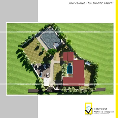 An aerial site plan of the Gharat Farm Stay in Pali. This shows our master planning capability, integrating the building, swimming pools, parking, and landscaping into a cohesive and sustainable eco-resort layout.