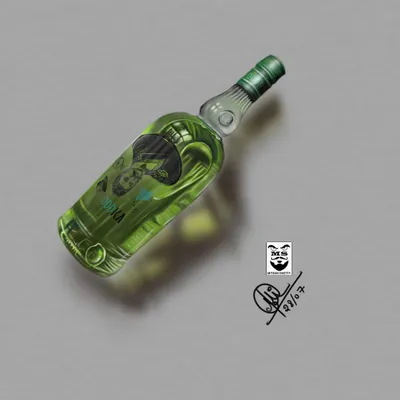 A realistic digital painting of a glass bottle, focusing on light, shadow, and reflection to create a three-dimensional effect. This type of product illustration is created entirely in Photoshop.