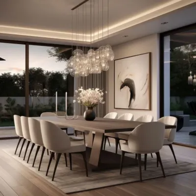 A modern bubble glass chandelier creates a stunning focal point above the large wooden dining table. The neutral-toned chairs and abstract wall art complete this sophisticated dining room, which opens up to an evening view through expansive windows.