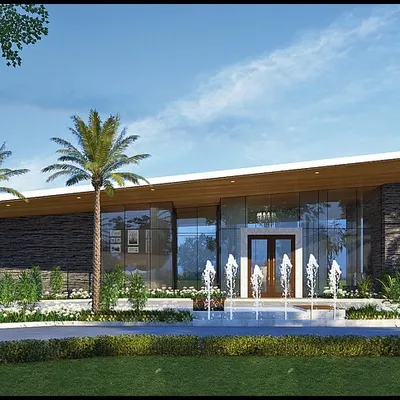 A front view of a modern bungalow design, where sleek lines meet natural stone textures. The entrance is marked by elegant fountains and palm trees, creating a sense of a luxurious, nature-inspired retreat.