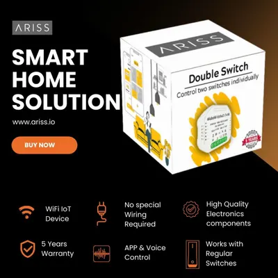 The ARISS Double Switch module is the core of our simple retrofit system. It's a Wi-Fi enabled device that works with your regular switches and comes with a 5-year warranty, providing a reliable and cost-effective path to home automation.