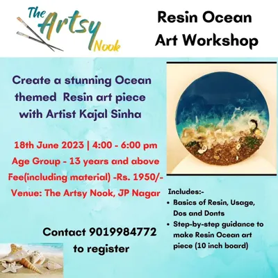 An announcement for our Resin Ocean Art Workshop, designed for ages 13 and up. These sessions cover the basics of resin and guide you step-by-step.