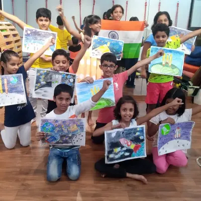 Our students celebrating the success of the Chandrayaan-3 mission with their space-themed artwork. It was a proud moment for all of us, and we channeled that excitement into our art.