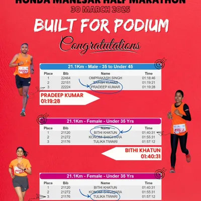 Honda Manesar Half Marathon was our playground. A triple podium finish for GRR with Pradeep, Bithi, and Tulika dominating their categories. This is the legacy we are building, one race at a time.