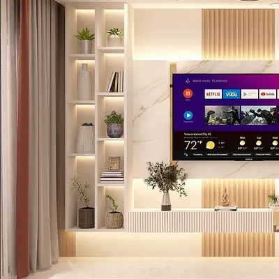We designed this TV unit to be the star of the living room. With integrated backlighting, fluted panels, and open shelving for decor, it’s a cinematic centerpiece for everyday moments.