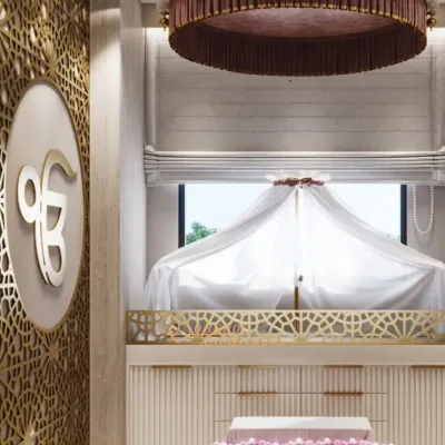 A close-up of the prayer room, showing the intricate details of the jaali panel, the 'Ek Onkar' symbol, and the soft, ethereal canopy.