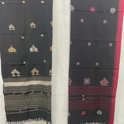 Get ready for winter with these hand-embroidered woollen shawls. This image shows two distinct designs, both featuring a combination of Kasuti and Negi embroidery on black wool.